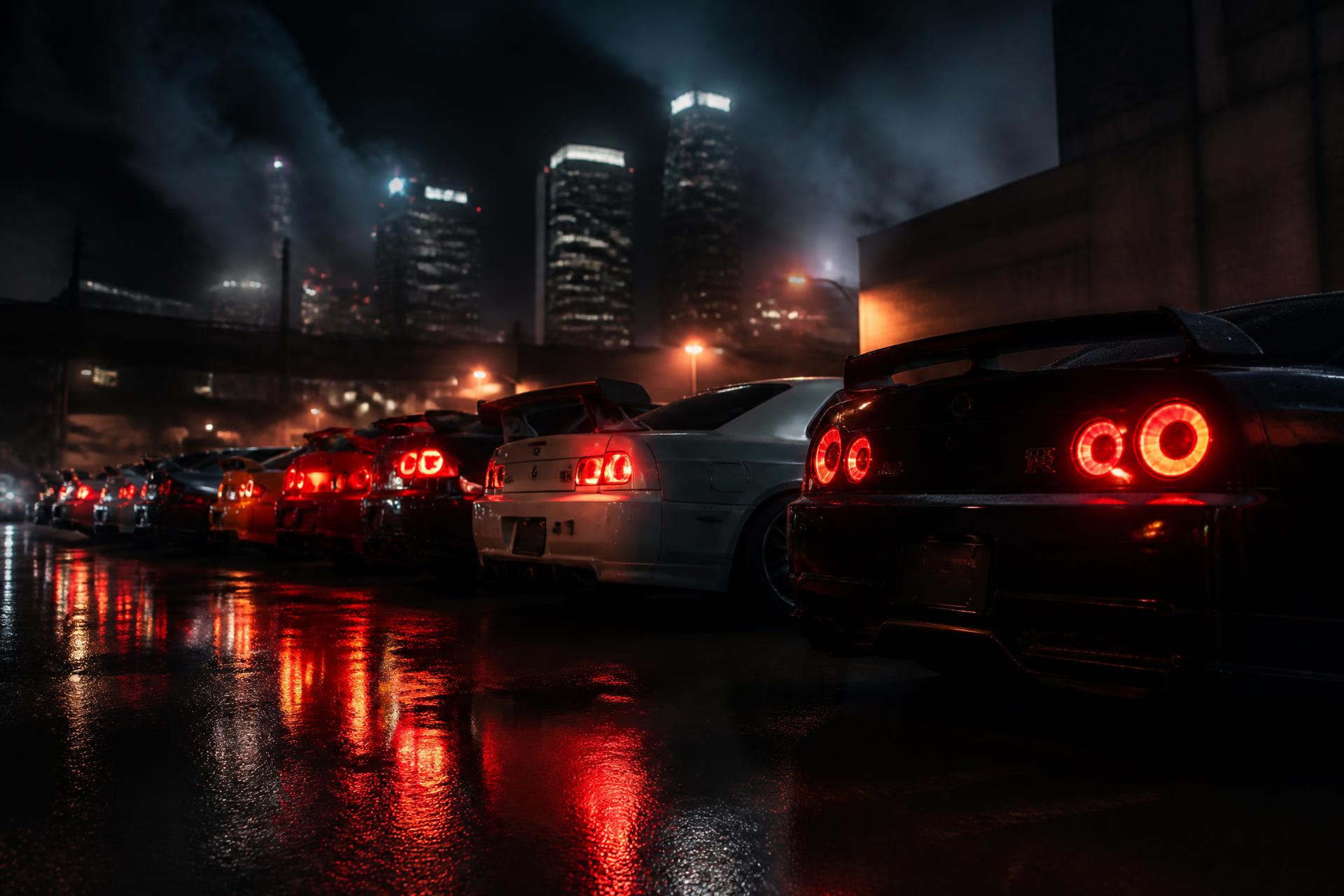 Night cruise through downtown fog
